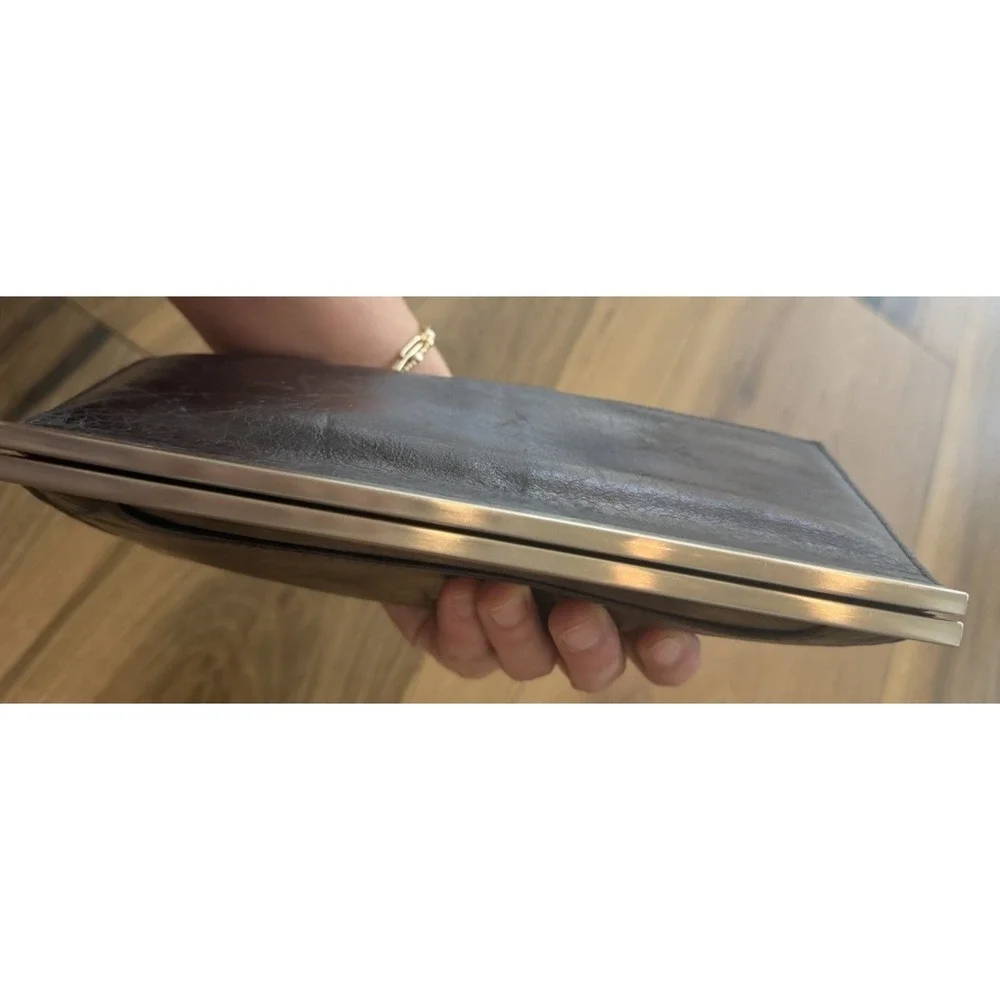Hobo International Black Leather Clutch Wallet Organizer Silver Frame Large‎